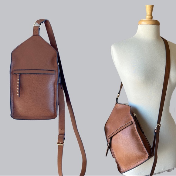 Handbags - Crossbody Bag Chestnut Brown Faux Leather Asymmetrical Shape Adjustable Strap